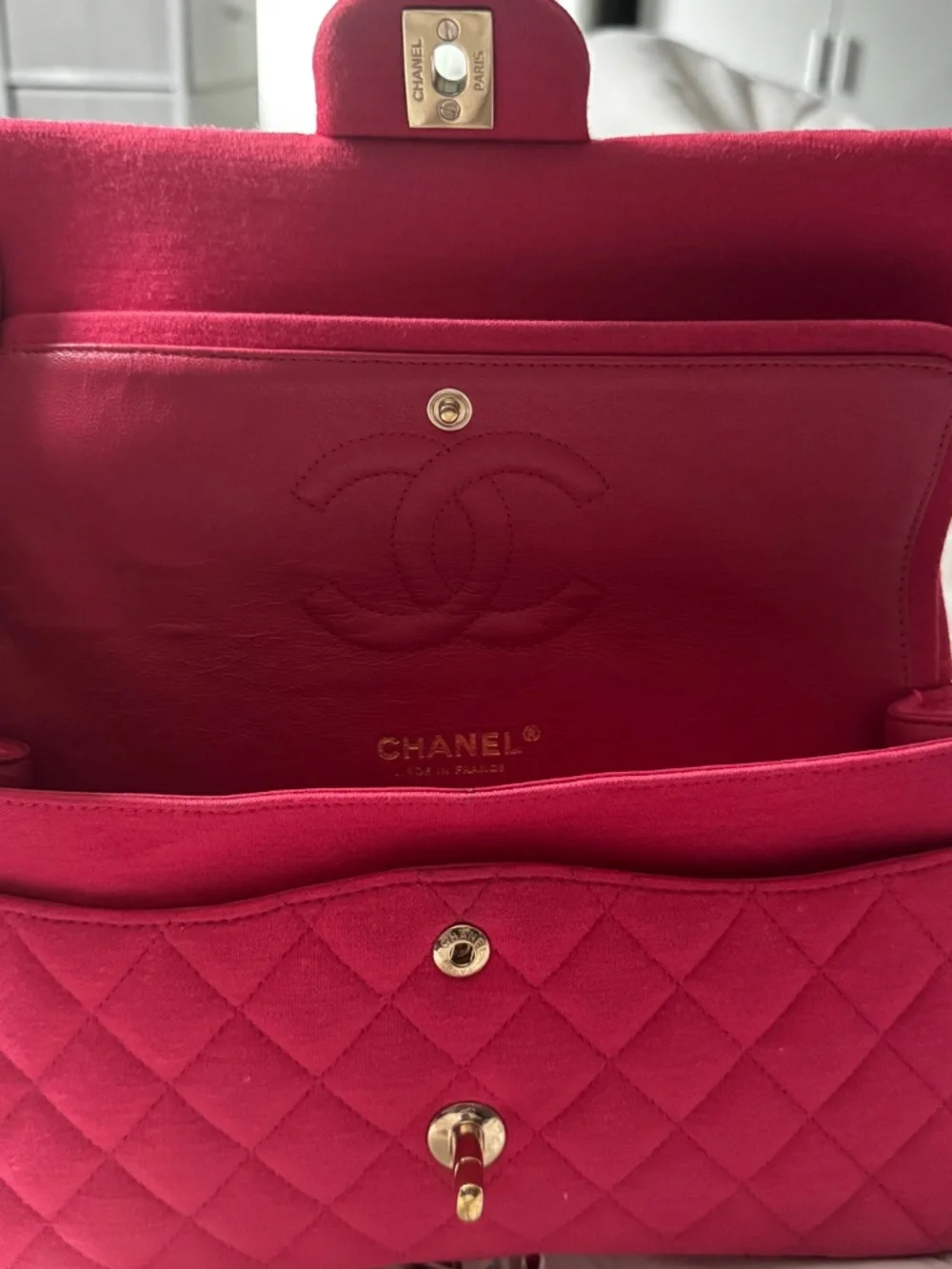 Chanel Classic Double Flap Medium Pink Jersey Gold Hardware Shoulder Bag